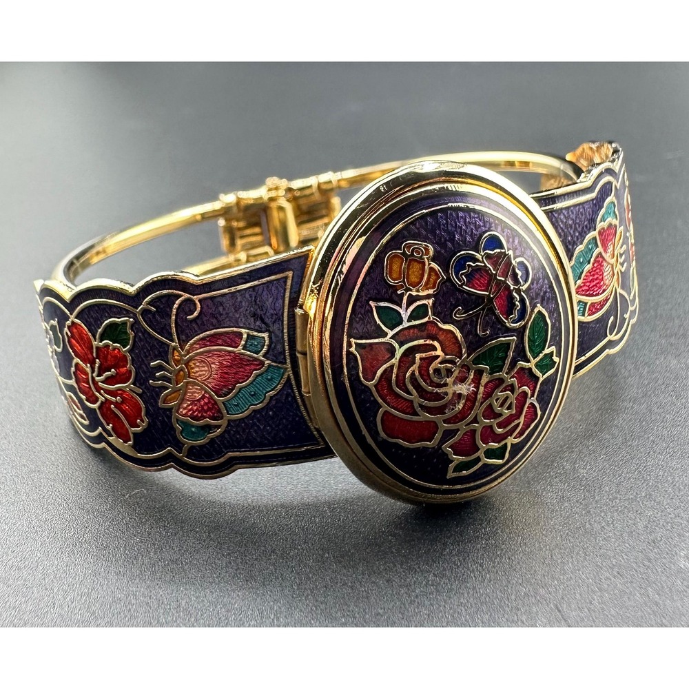 VTG 60s Rare Chinese Cloisonné Enamel Locket Clamper Bracelet Floral Hinged